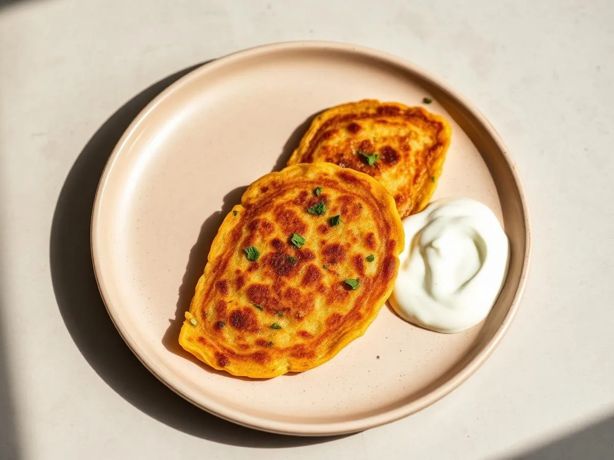 Two golden besan chillas folded on a beige plate