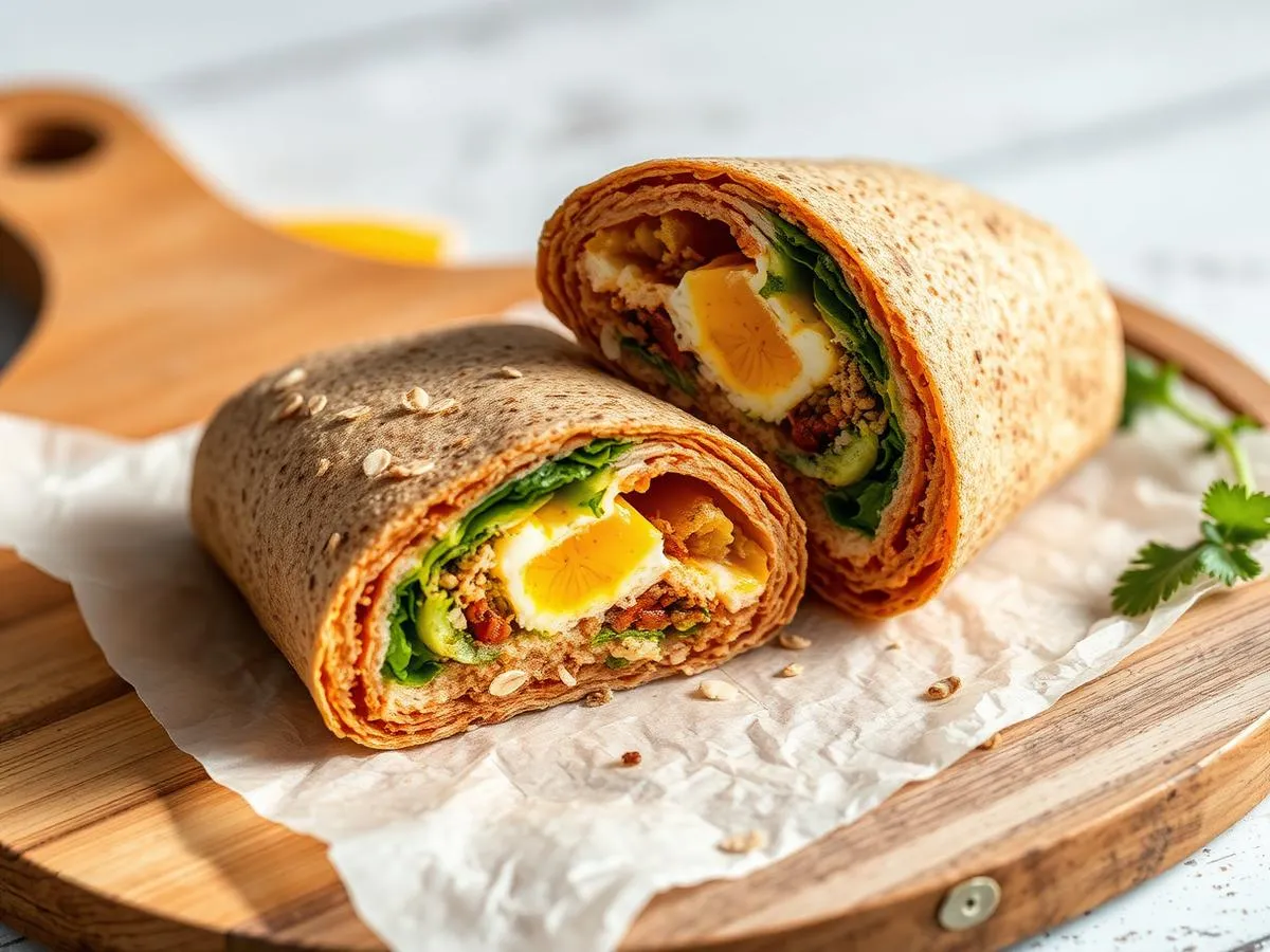 Whole-grain wrap sliced in half showing its egg and oat filling