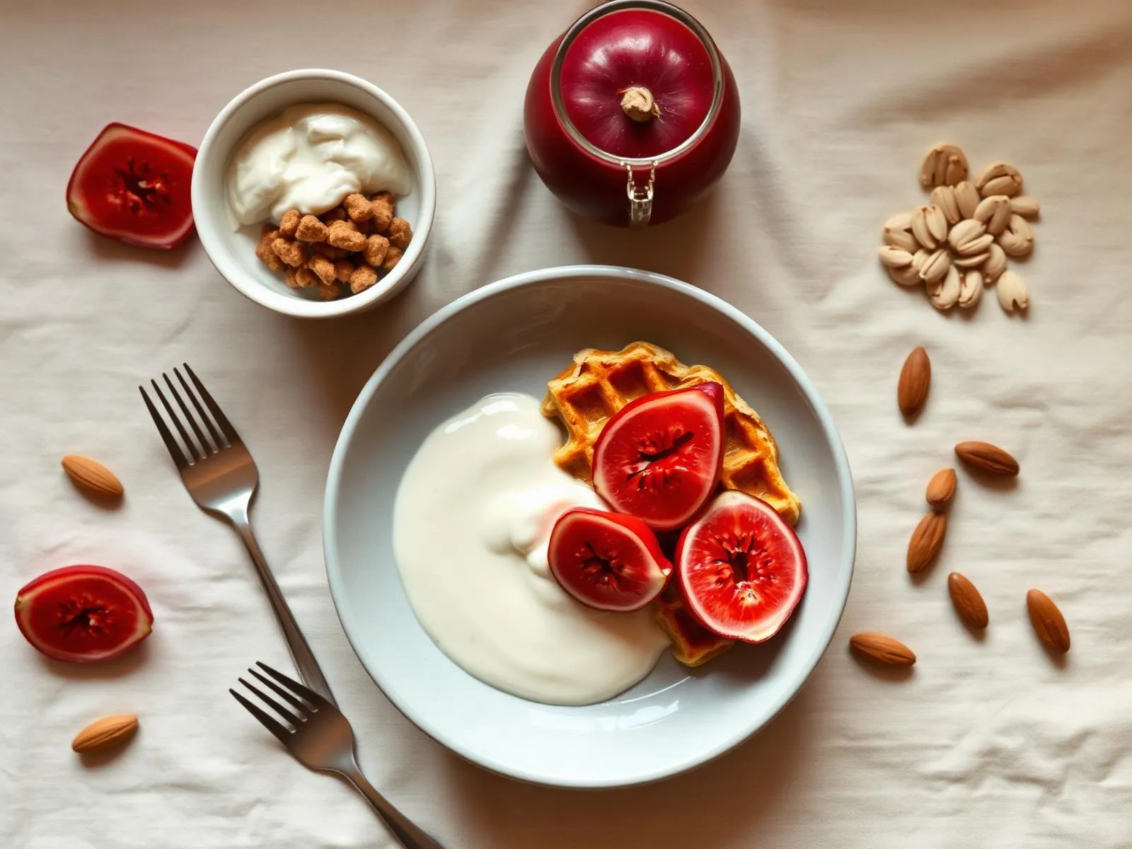 Overhead breakfast spread with oat waffles, skyr and fresh fruit