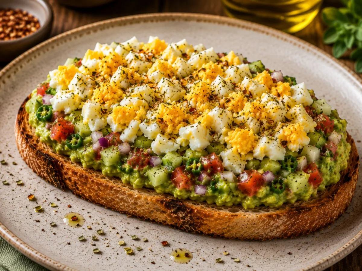 Butter-toasted sourdough layered with chunky loaded guacamole and a mashed boiled egg layer, finished with dried oregano and chilli flakes