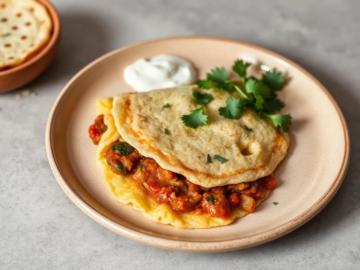 Folded masala omelette with tomato, onion and coriander on a beige plate