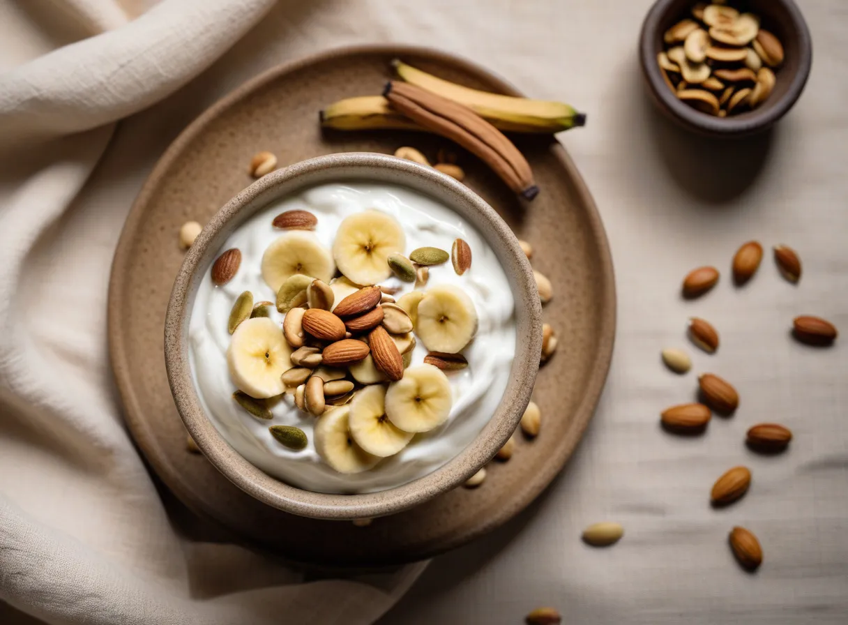 Bowl of thick skyr topped with banana slices, peanuts, almonds and pumpkin seeds