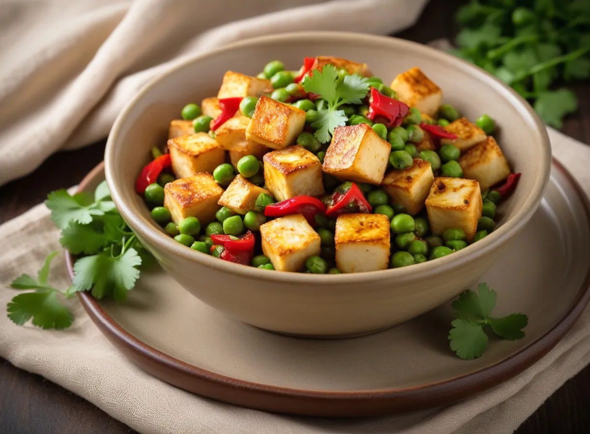 Bowl of golden seared paneer cubes with green peas, capsicum and fresh coriander